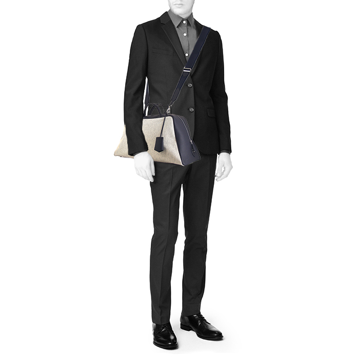 Borsa da viaggio Hermès Cavour in pelle di toro Cristobal blu e tela "H" beige - Detail D2