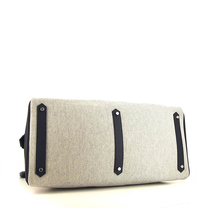 Bolsa de viaje Hermès Cavour en cuero novillo Cristóbal azul y tejido "H" beige - Detail D5