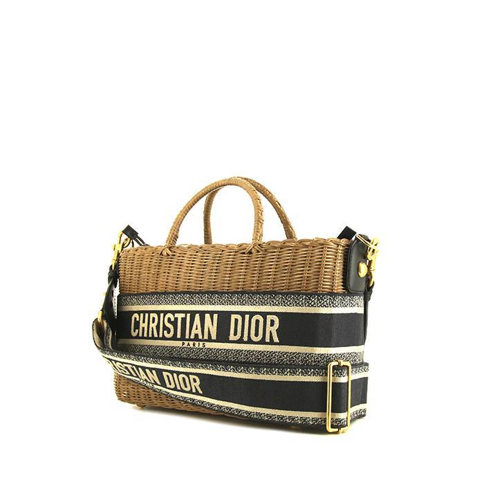 Dior shopping bag in beige wicker and navy blue canvas - 00pp