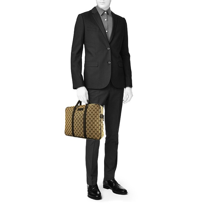 Borsa portadocumenti Gucci Double G in tela monogram beige e pelle marrone - Detail D1