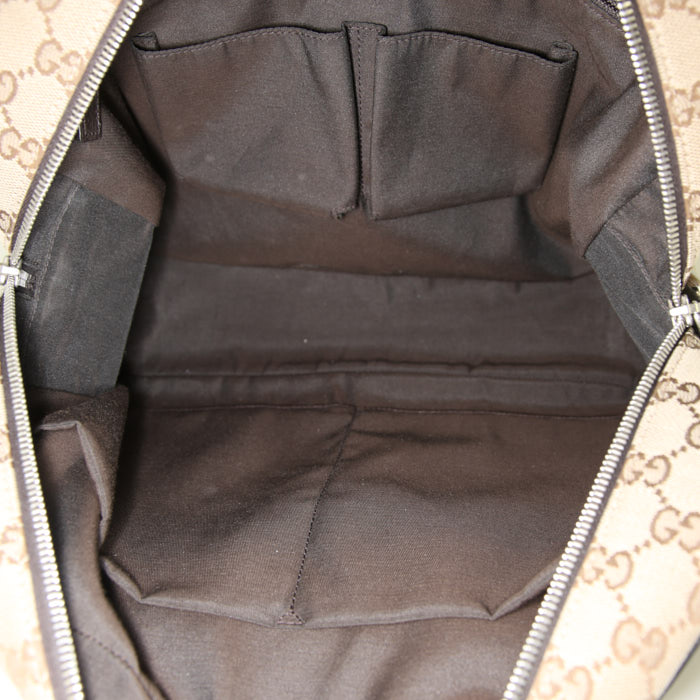 Borsa portadocumenti Gucci Double G in tela monogram beige e pelle marrone - Detail D2