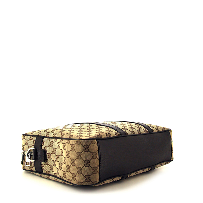 Borsa portadocumenti Gucci Double G in tela monogram beige e pelle marrone - Detail D4