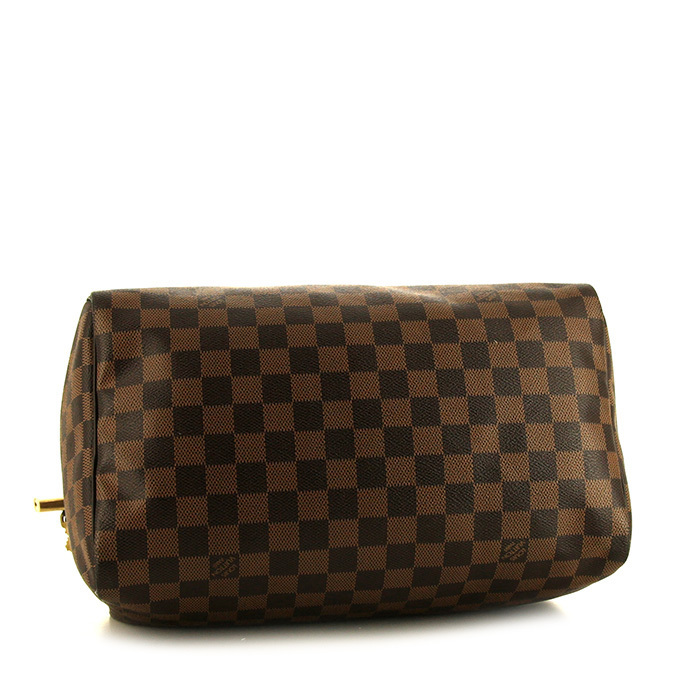 Sac à main Louis Vuitton Speedy 30 en toile damier marron et cuir marron - Detail D4