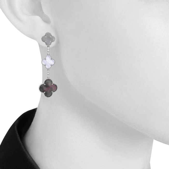 Van Cleef & Arpels Magic Alhambra earrings in white gold,  mother of pearl and chalcedony - Detail D1