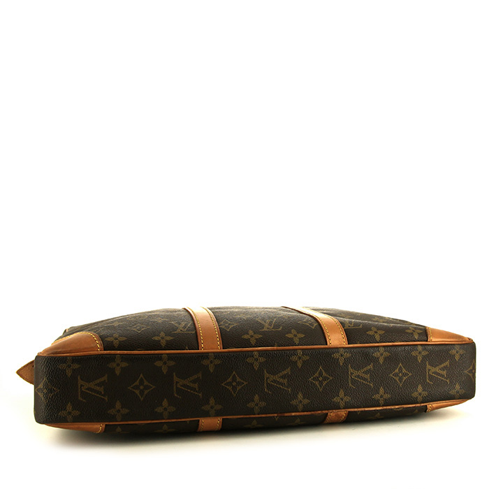 Porta-documentos Louis Vuitton Porte documents Voyage en lona Monogram marrón y cuero natural - Detail D4