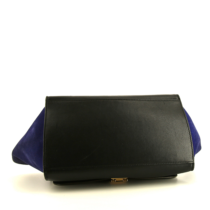 Sac à main Celine  Trapeze moyen modèle  en cuir marron et noir et daim bleu - Detail D5