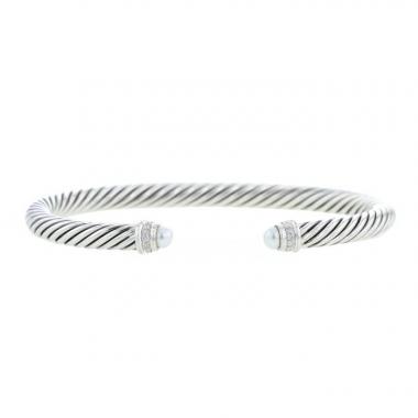 Brazalete rígido David Yurman Cable Classique en plata,  perlas y diamantes