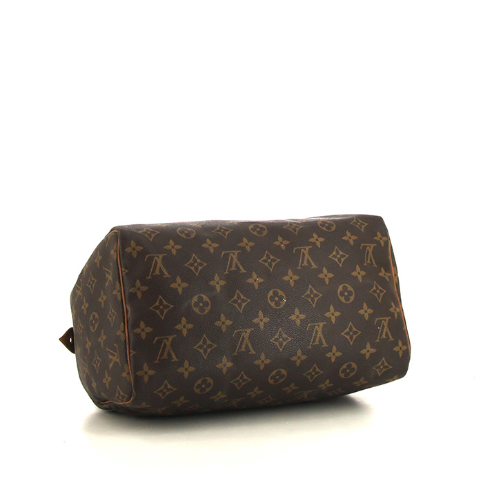 Borsa Louis Vuitton Speedy 30 in tela monogram marrone e pelle naturale - Detail D4