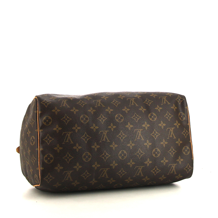 Bolso de mano Louis Vuitton Speedy 35 en lona Monogram marrón y cuero natural - Detail D4