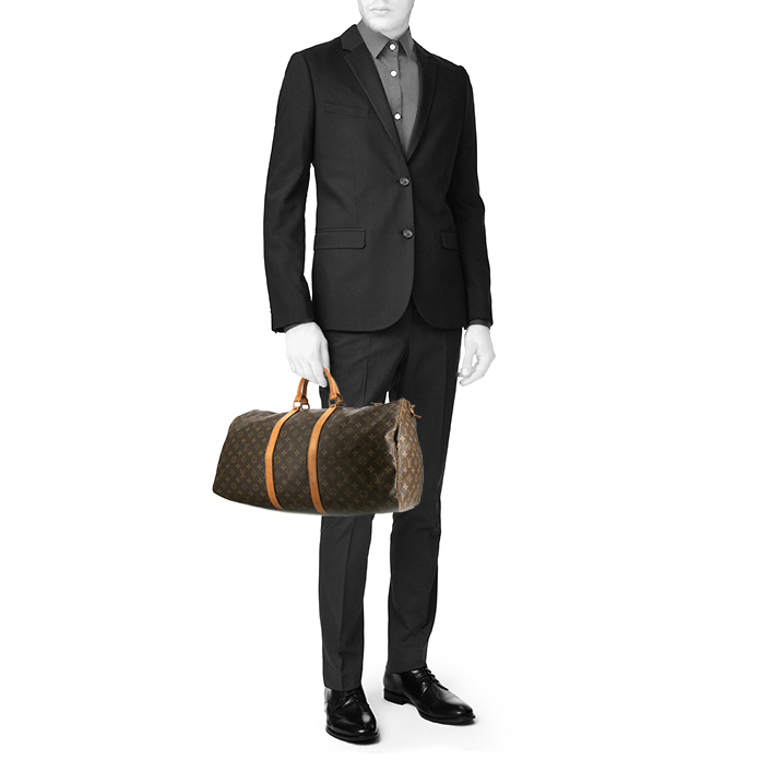 Sac de voyage Louis Vuitton Keepall 55 cm en toile monogram marron et cuir naturel - Detail D1