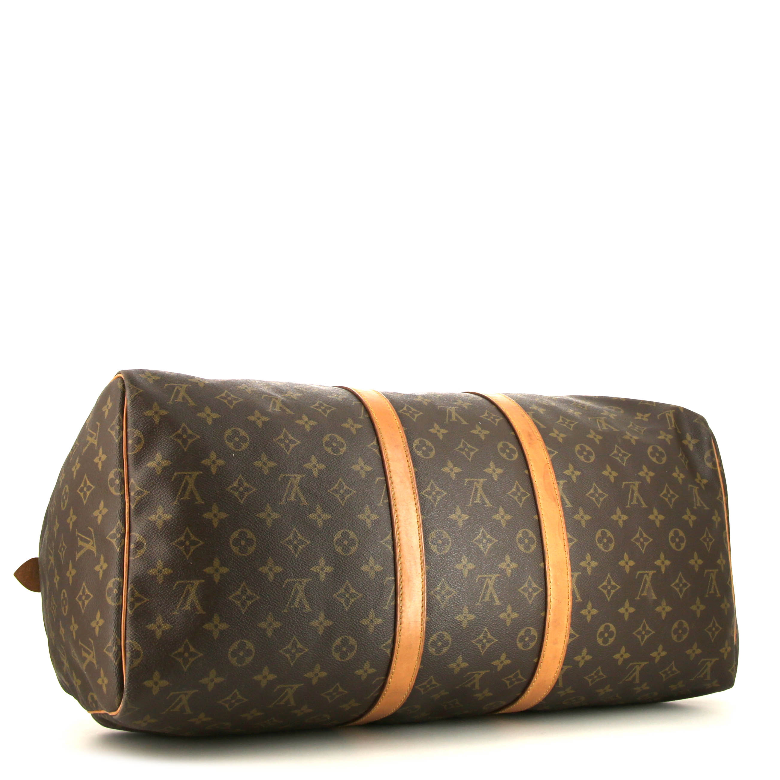 Sac de voyage Louis Vuitton Keepall 55 cm en toile monogram marron et cuir naturel - Detail D4