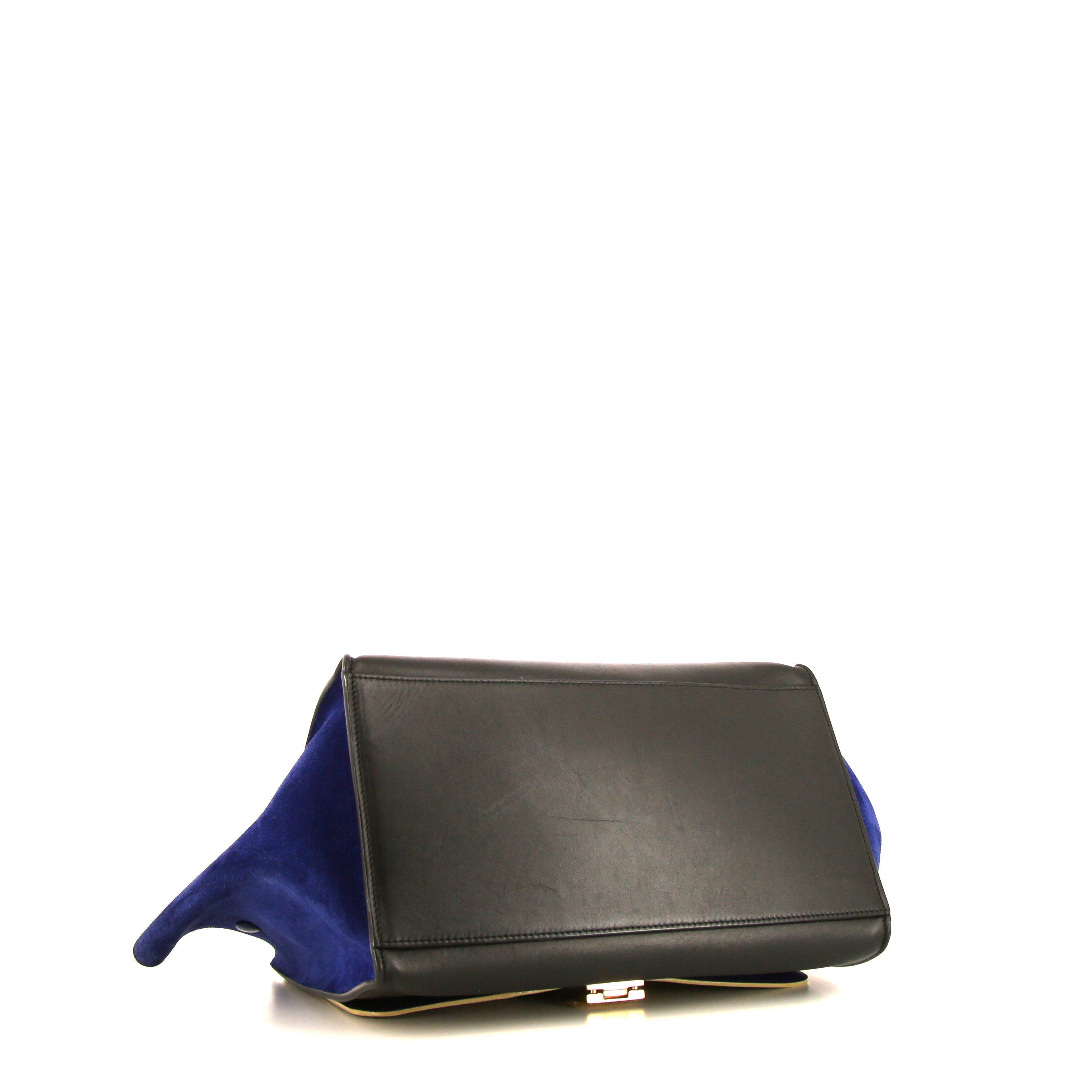 Sac à main Celine Trapeze en cuir noir et beige et daim bleu - Detail D5