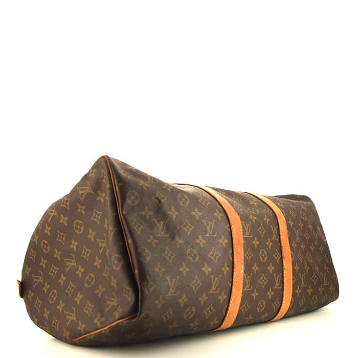 Borsa da viaggio Louis Vuitton Keepall 50 cm in tela monogram marrone e pelle naturale - Detail D4