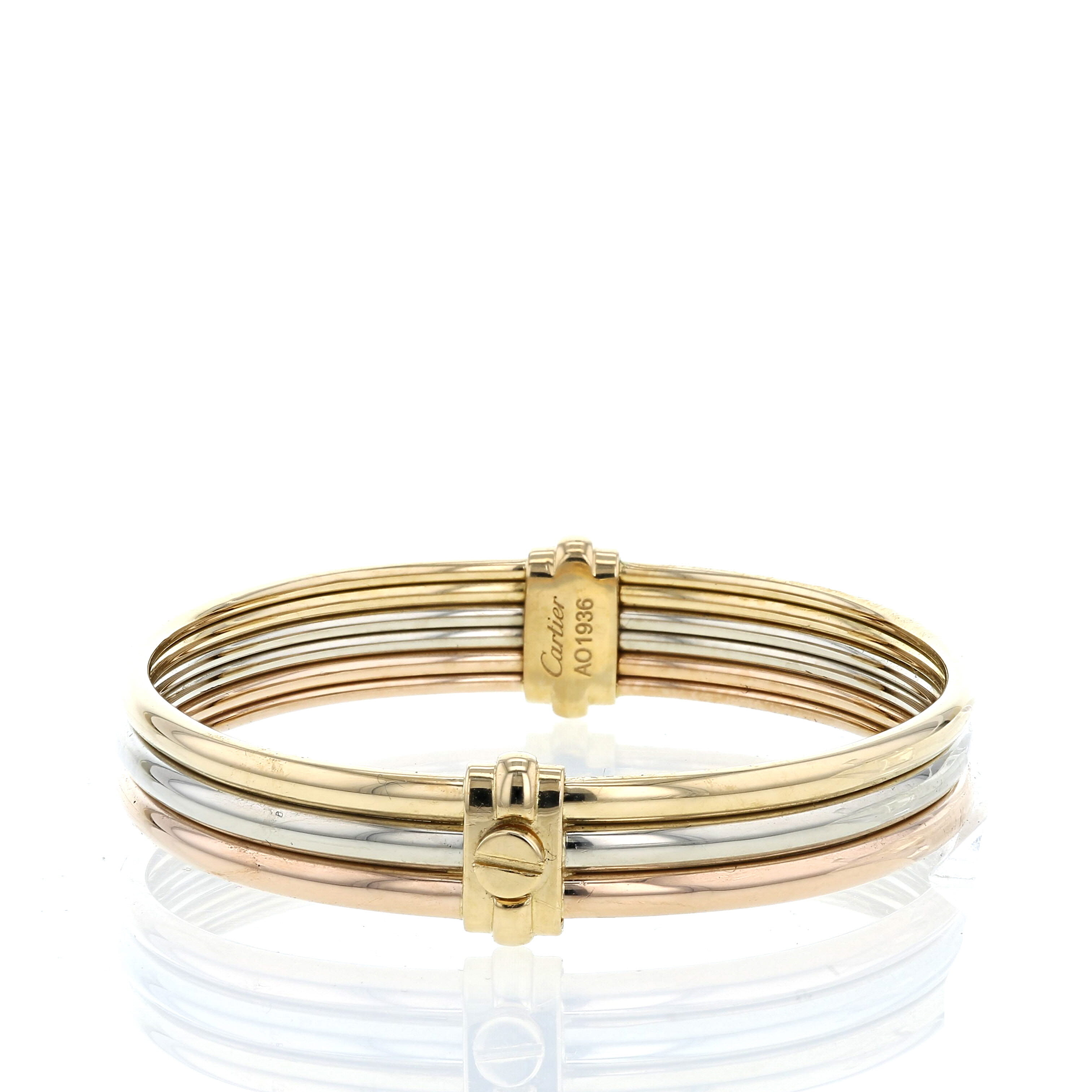 Bracciale a cerchio apribile Cartier Trois ors in oro bianco, oro giallo e oro rosa - Detail D1