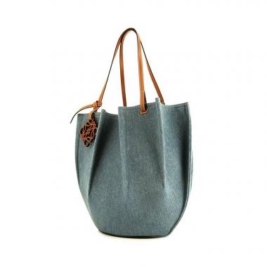 Shopping bag Loewe Shell in tela denim blu e pelle marrone