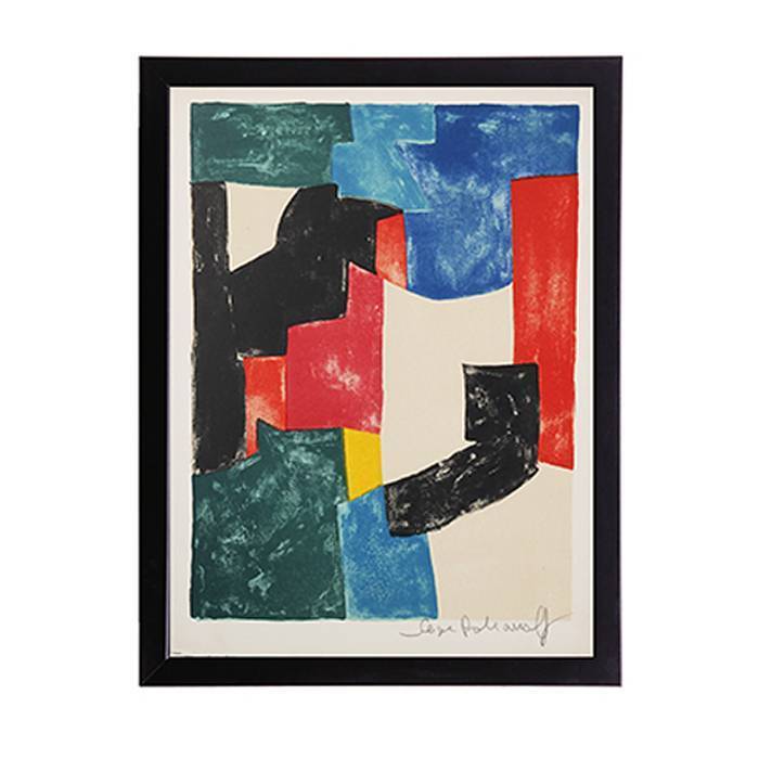 Serge Poliakoff, "Composition noire, bleue et rouge, lithographie 37", en couleurs sur papier, signée et encadrée, tirage limité, de 1962 - 00pp