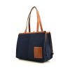Loewe Cushion shopping bag in navy blue canvas and brown leather - 00pp thumbnail