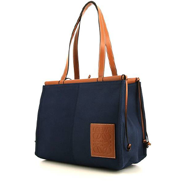 Shopping bag Loewe Cushion in tela blu marino e pelle marrone