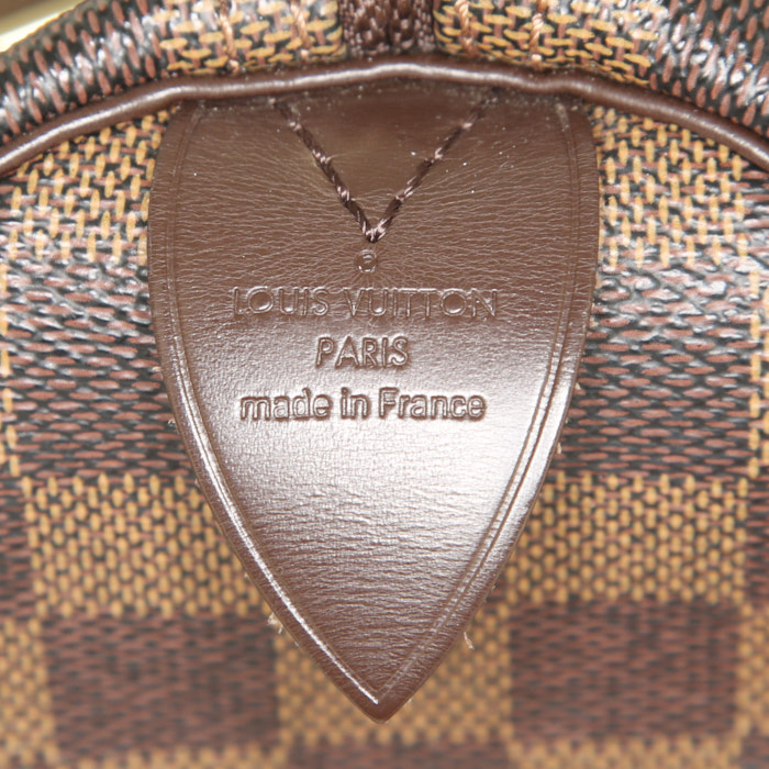 Sac à main Louis Vuitton Speedy 30 en toile damier ébène et cuir marron - Detail D3