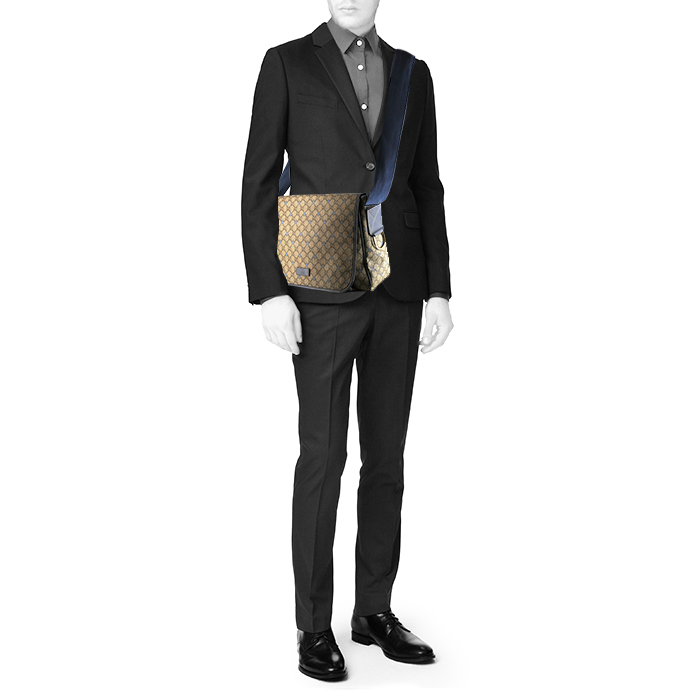 Borsa a tracolla Gucci in tela monogram beige con motivo e pelle blu - Detail D1