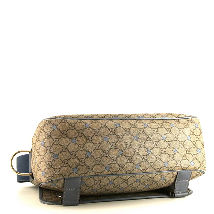 Borsa a tracolla Gucci in tela monogram beige con motivo e pelle blu - Detail D4