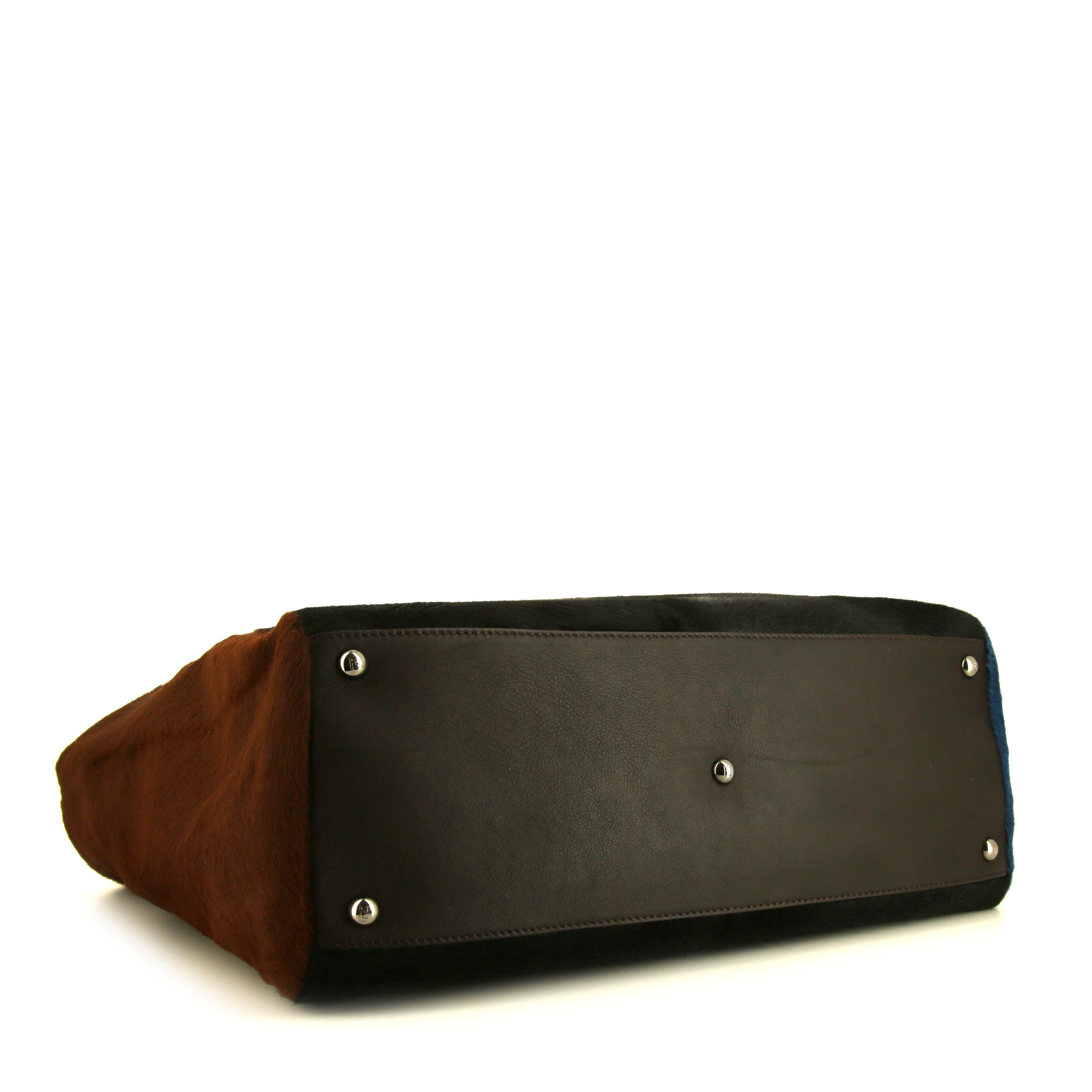 Fendi 2 Jours handbag in blue, black and brown tricolor foal and brown leather - Detail D4