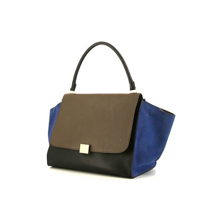 Celine Trapeze handbag in black and taupe leather and blue suede - 00pp