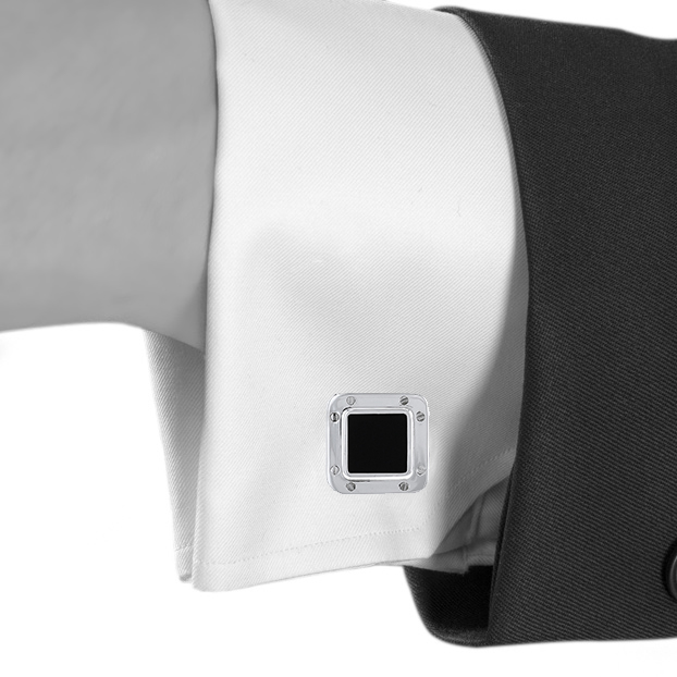 Cartier Santos Dumont pair of cufflinks in silver and onyx - Detail D1