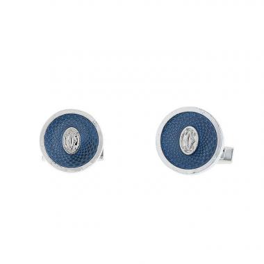 Paire de boutons de manchette articulée ouverte Cartier C de Cartier en argent et émail bleu