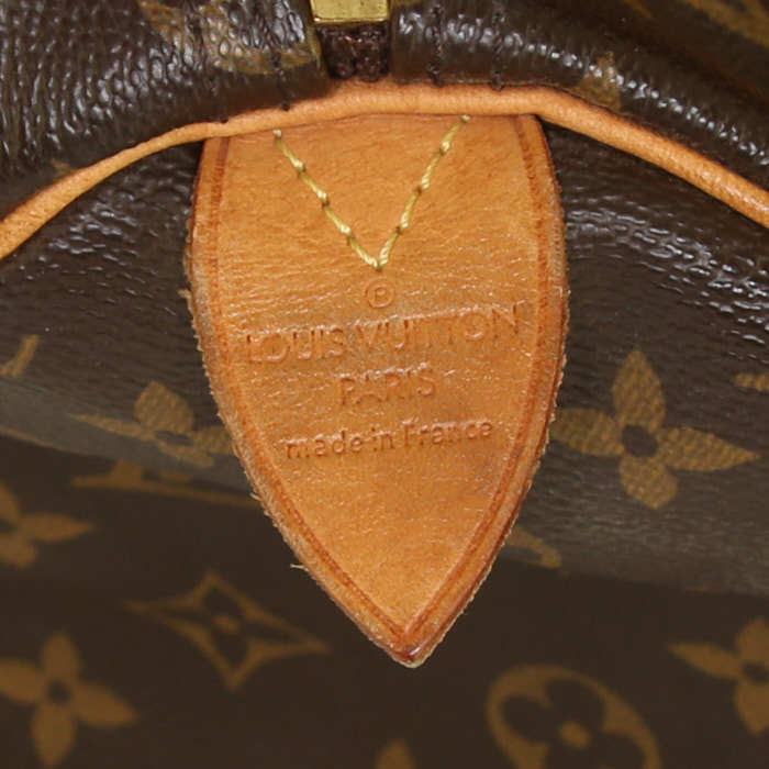 Sac à main Louis Vuitton Speedy 35 en toile monogram marron et cuir naturel - Detail D3
