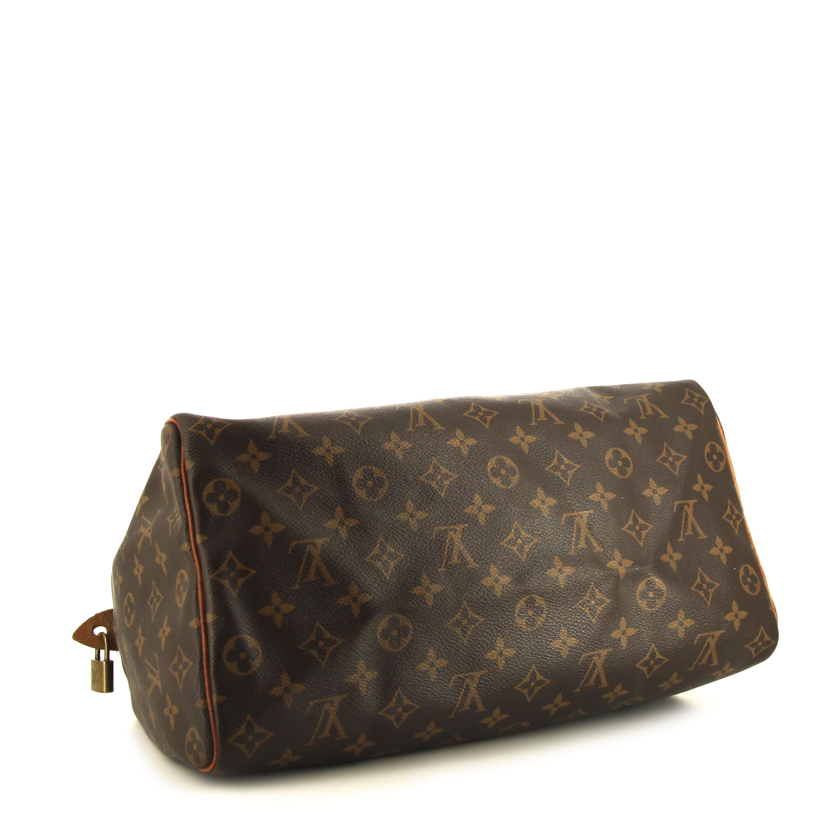 Bolso de mano Louis Vuitton Speedy 35 en lona Monogram marrón y cuero natural - Detail D4
