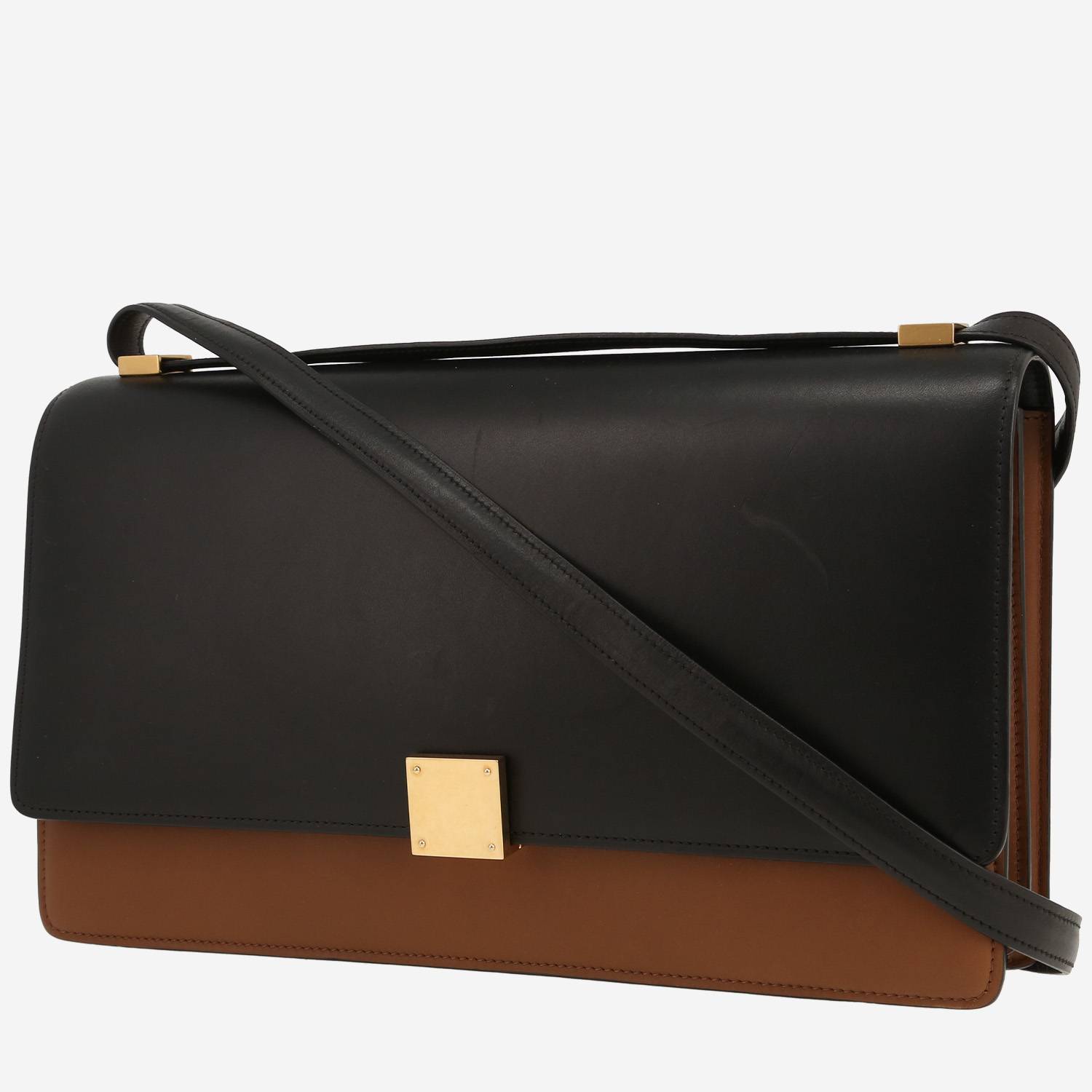 Sac à main Celine  Classic Box en cuir box bicolore noir et marron-caramel