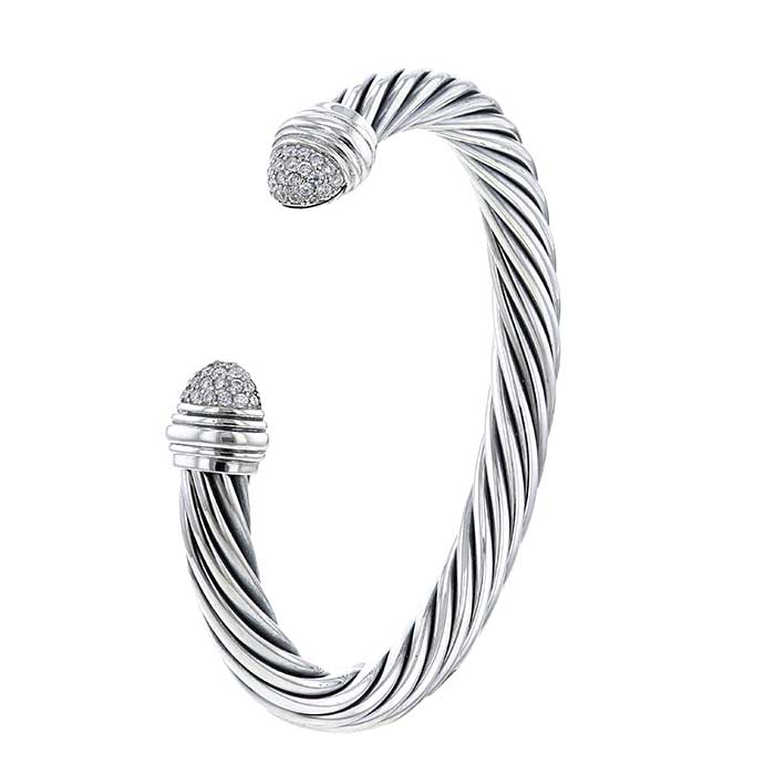 Rigid David Yurman Cable Classique bracelet in silver and diamonds - Detail D4