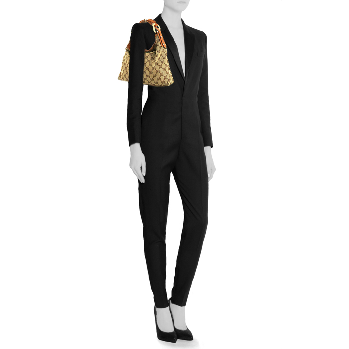 Sac à main Gucci Mors en toile monogram beige et cuir marron - Detail D1