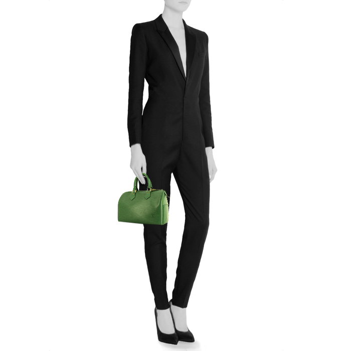 Sac à main Louis Vuitton Speedy 25 cm en cuir épi vert - Detail D1