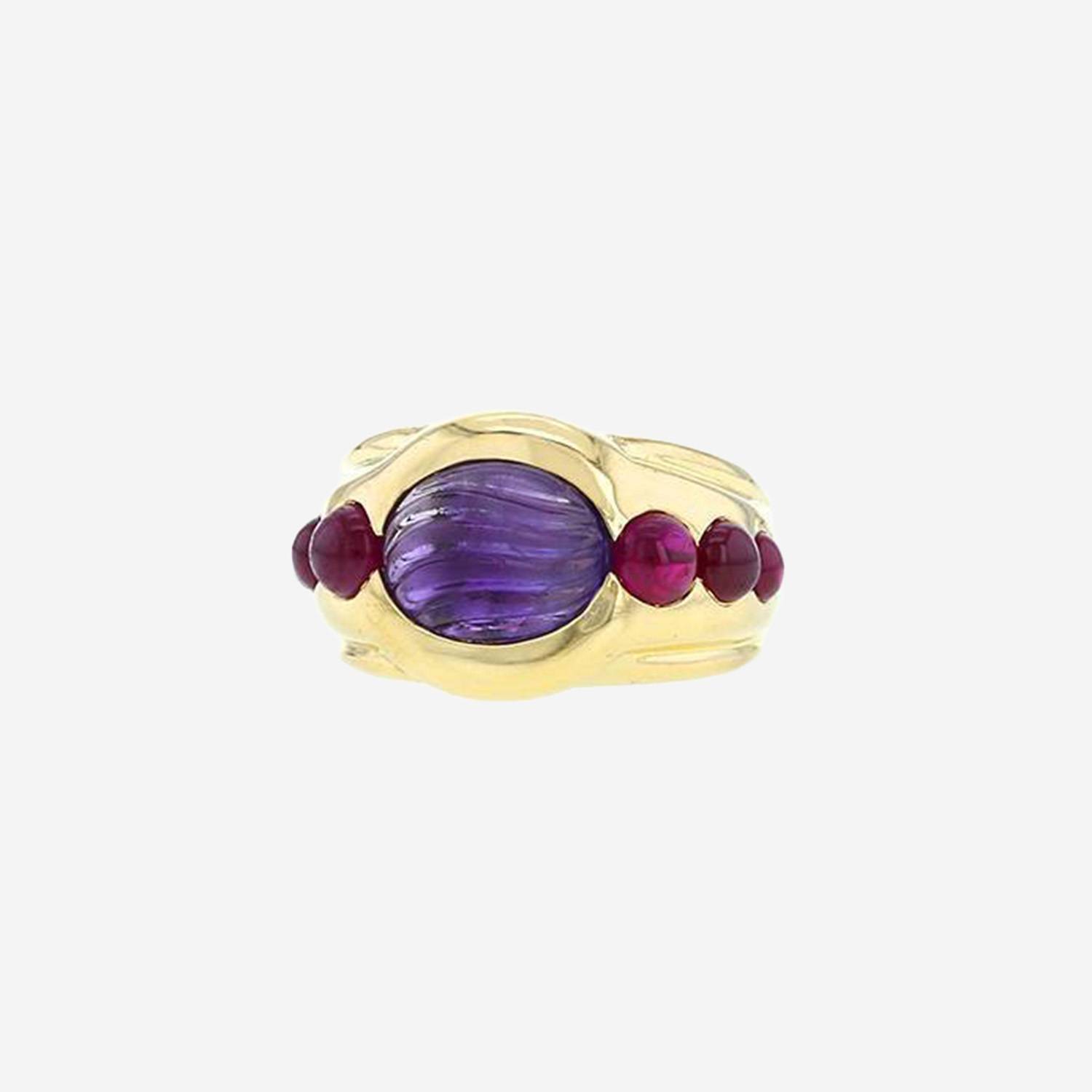 Bague époque années 90 Vintage en or jaune,  améthyste et rubis
