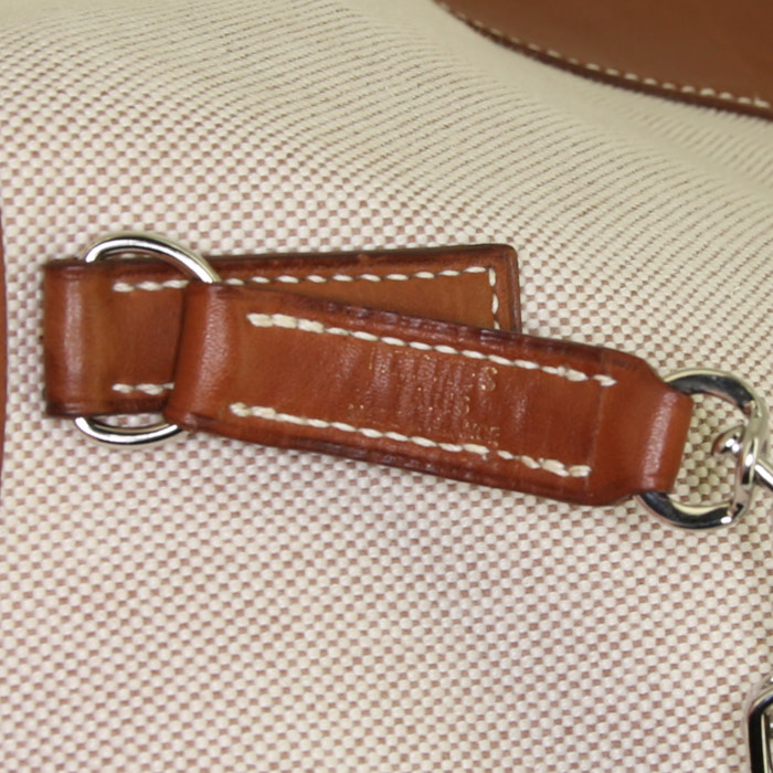 Hermès Trim handbag in beige canvas and brown leather - Detail D3