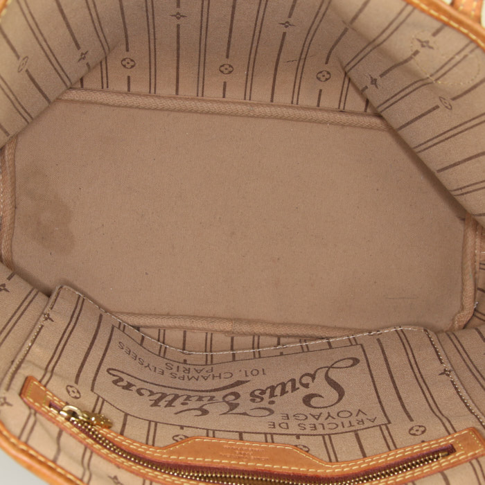 Sac cabas Louis Vuitton Neverfull en toile monogram marron et cuir naturel - Detail D2