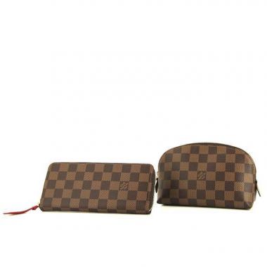 Portefeuille Louis Vuitton Zippy en toile damier ébène et cuir rouge
