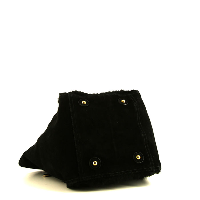 Shopping bag Saint Laurent Downtown mini in camoscio nero e pelliccia nera - Detail D4