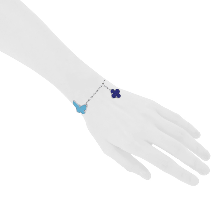 Bracelet Van Cleef & Arpels Lucky Alhambra en or blanc, nacre, turquoise et lapis-lazuli - Detail D1