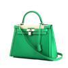 Hermes Kelly 32 cm handbag in green and beige "H" canvas and green leather - 00pp thumbnail