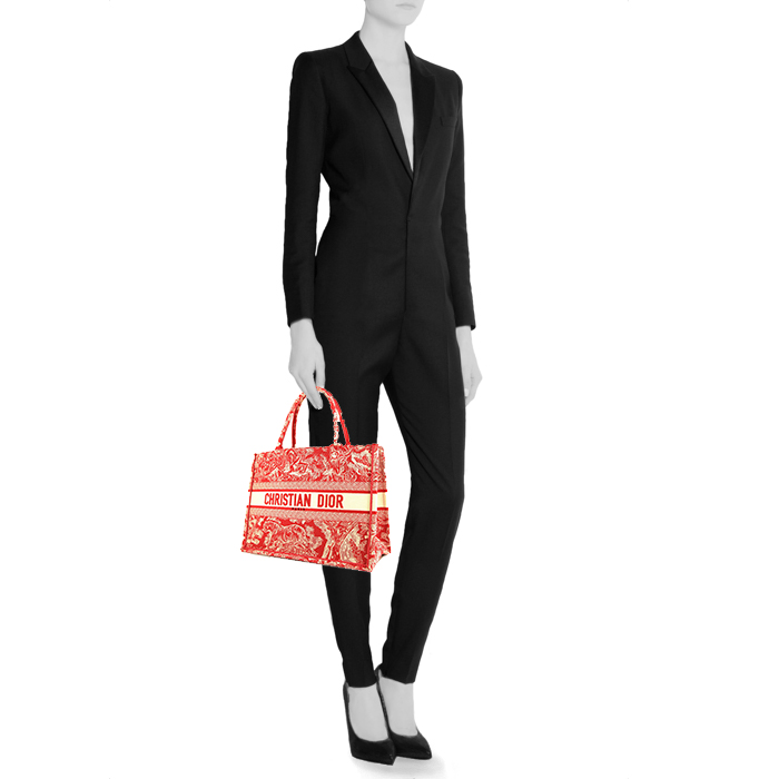 Dior Book Tote small model shopping bag in red embroidered canvas - Detail D1