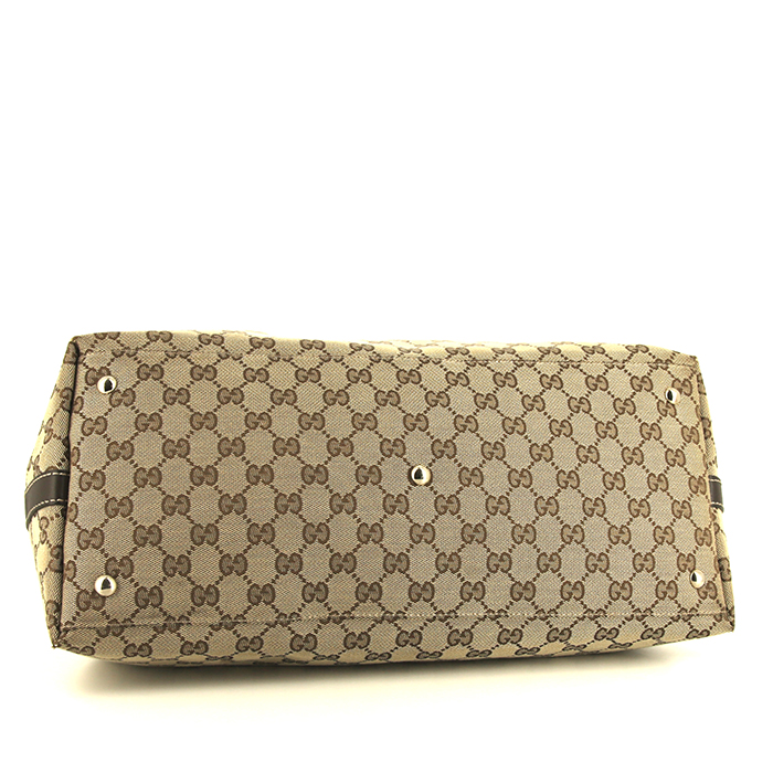 Borsa Gucci in tela monogram beige e pelle marrone - Detail D4
