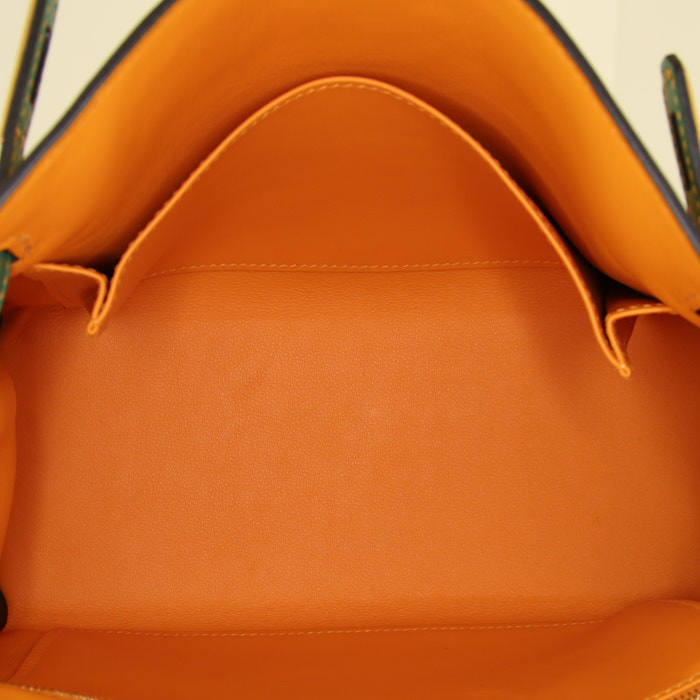 Bolso de mano Hermes Kelly 25 cm en cuero swift amarillo y verde - Detail D3