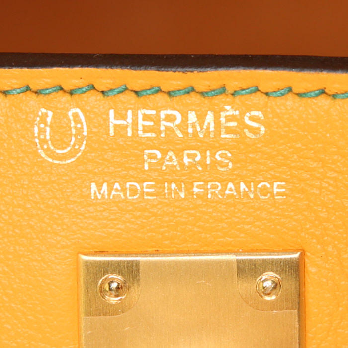 Borsa Hermes Kelly 25 cm in pelle Swift gialla e verde - Detail D4