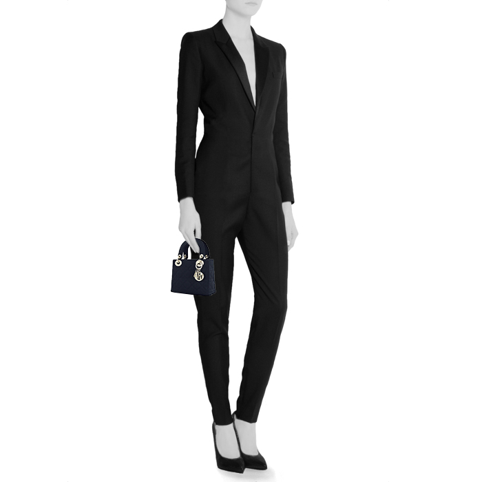 Dior Mini Lady Dior mini handbag in navy blue satin - Detail D1