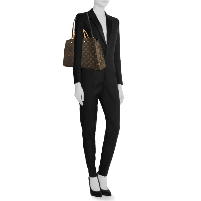 Borsa Louis Vuitton Montaigne in tela monogram cerata marrone e pelle naturale - Detail D2