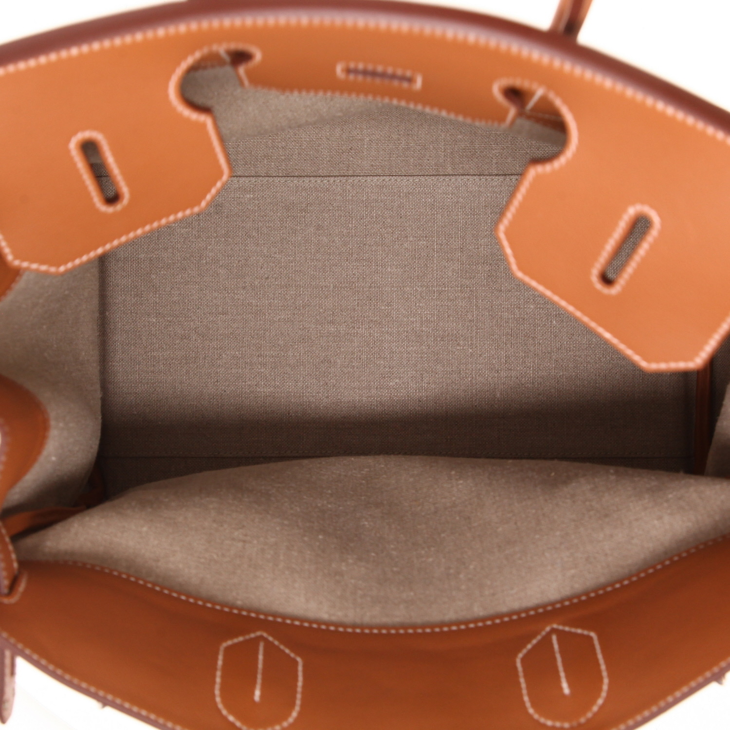 Bolsa de viaje Hermes Haut à Courroies - Travel Bag en cuero Barenia marrón y lona beige - Detail D3