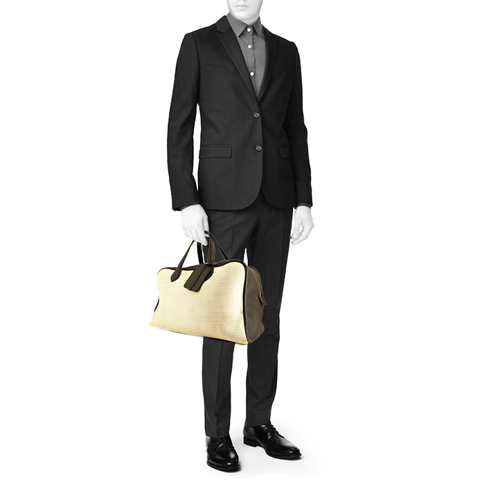 Hermes Victoria travel bag in brown togo leather and beige canvas - Detail D1